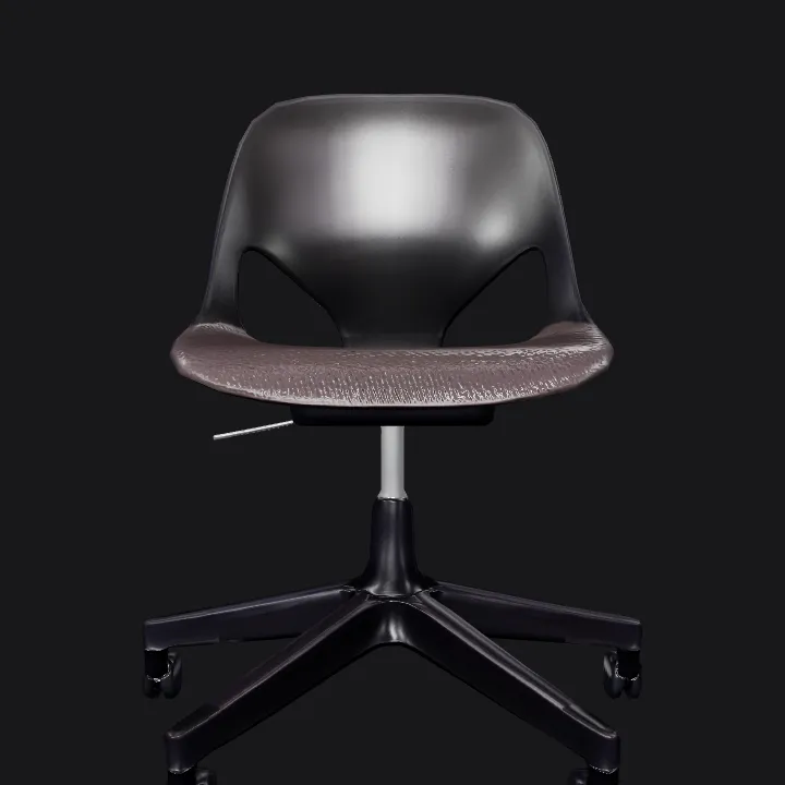 black office chair with wheels, rear view. smooth edges, simple geometry, symmetric geometry.