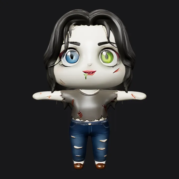 chibi figure with messy hair and torn clothes. smooth edges, simple geometry, game-ready, character, symmetric geometry.