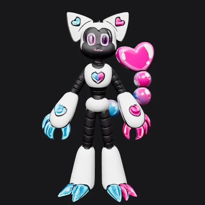 Cartoon robot with heart motifs. smooth edges, simple geometry, game-ready, character.