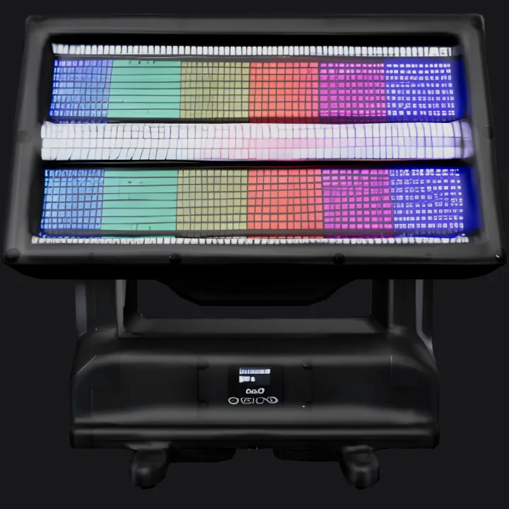 LED stage lighting fixture with colored bars. sharp edges, complex geometry, game-ready, symmetric geometry.