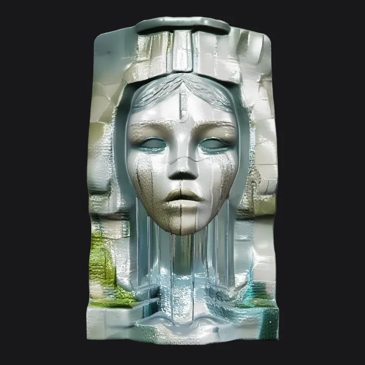 Tall rock formation with a waterfall. sharp edges, complex geometry.