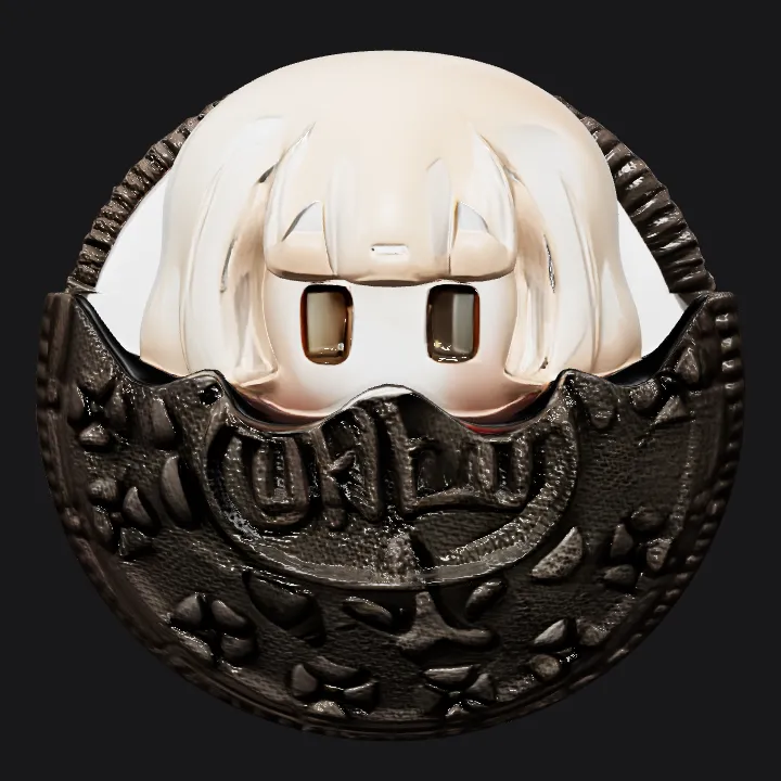 Biscuit with cute face, Oreo style. sharp edges, complex geometry, game-ready, character, symmetric geometry.