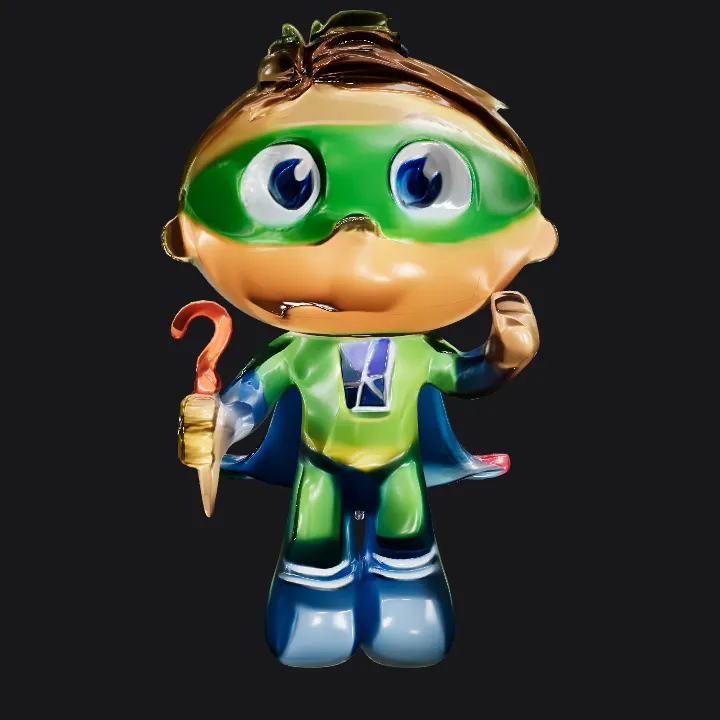 cartoon superhero boy holding a red question mark. smooth edges, complex geometry, character.