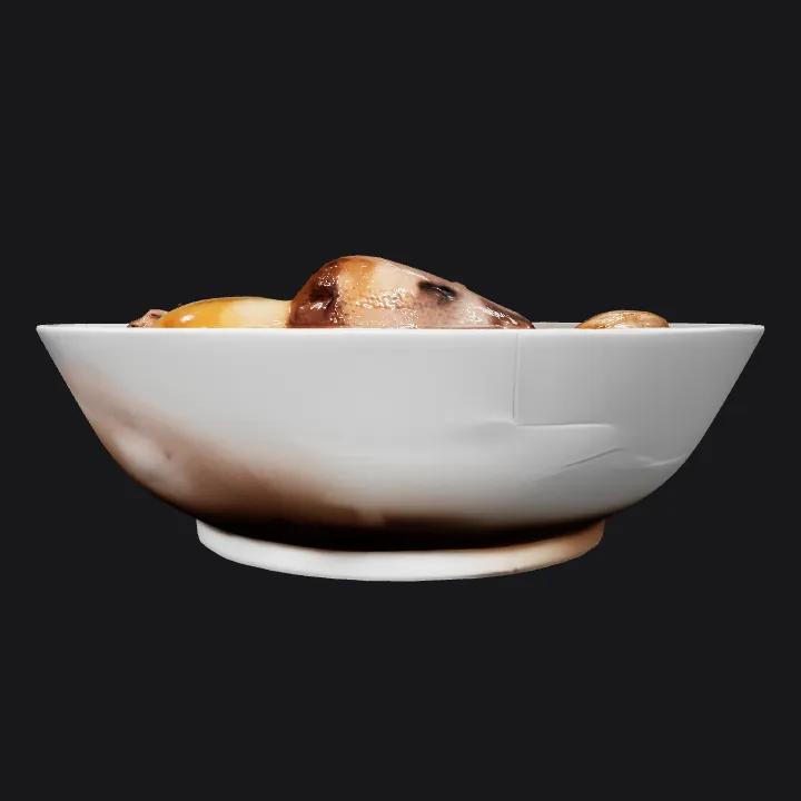 A bowl of cooked chicken pieces. smooth edges, complex geometry.