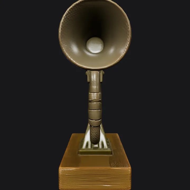 Antique metal megaphone on stand. smooth edges, complex geometry, symmetric geometry.