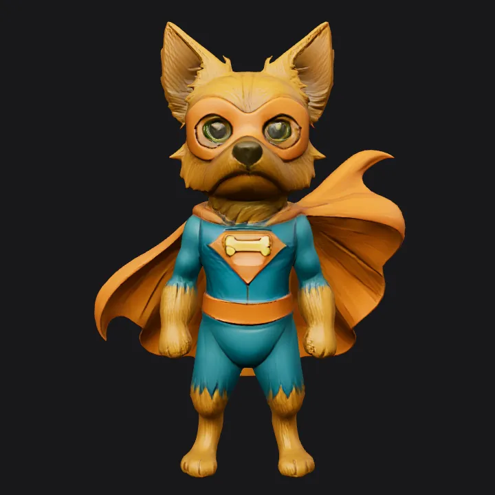 Anthropomorphic superhero dog in costume. smooth edges, complex geometry, character, symmetric geometry.