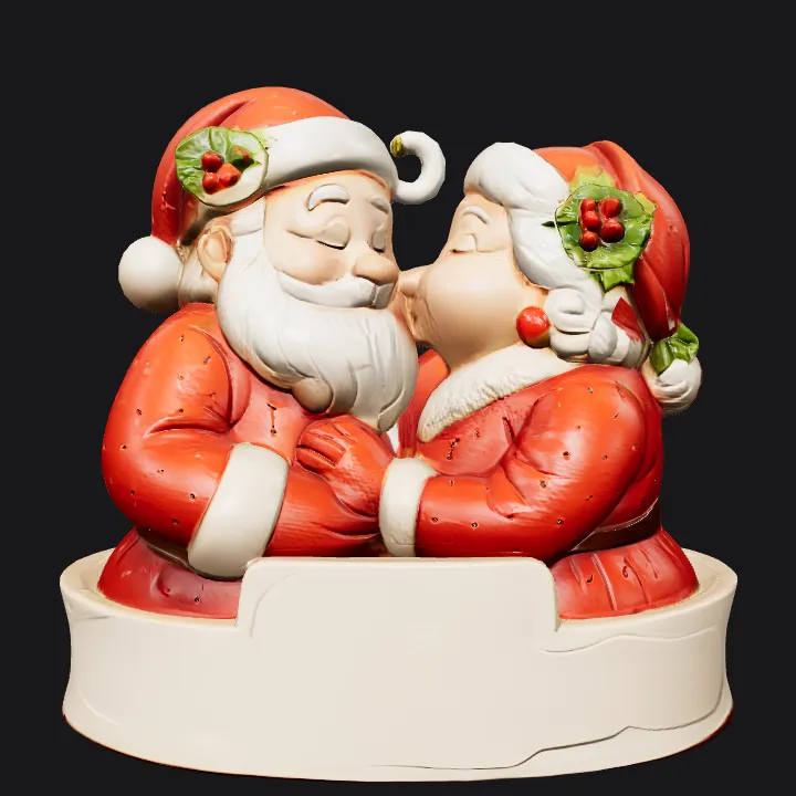 Two Santa Claus figures embracing. smooth edges, complex geometry, character.