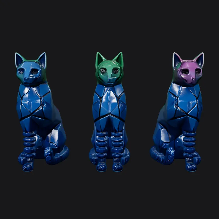 Geometric cat sculptures in three colors. sharp edges, complex geometry, game-ready, symmetric geometry.