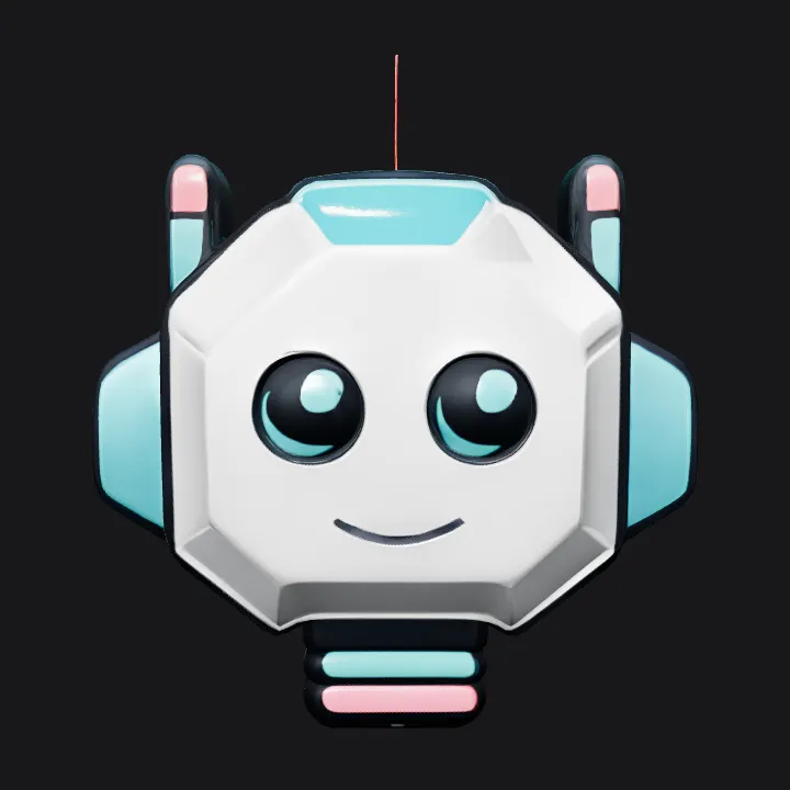 futuristic robot head logo with blue and pink accents. sharp edges, smooth edges, simple geometry, game-ready, character, symmetric geometry.