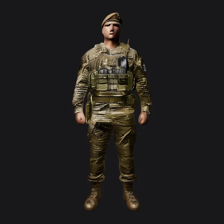 soldier in modern combat uniform. sharp edges, complex geometry, character.