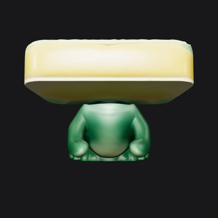 Frog-shaped kitchen sponge holder. smooth edges, complex geometry.