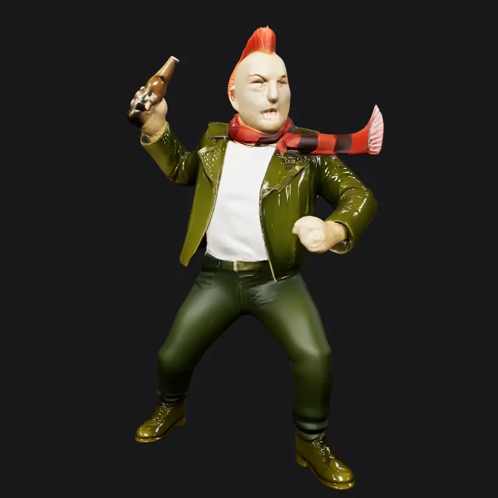 Person with a mohawk holding a beer. complex geometry, character.