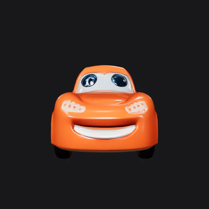 Red cartoon race car with eyes and number 38. smooth edges, simple geometry, game-ready, character, symmetric geometry.