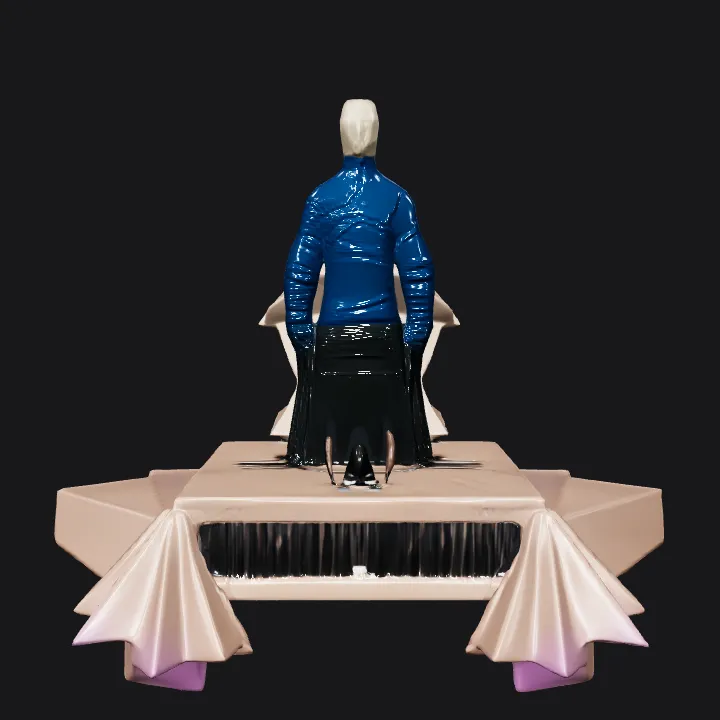 person with origami bird and keyboard. sharp edges, complex geometry, character.