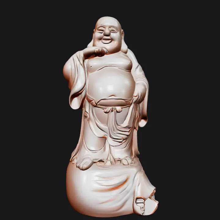 Laughing Buddha statue with robe. smooth edges, complex geometry, character.