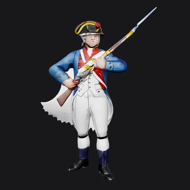 Spanish colonial infantry soldier in uniform. complex geometry, sharp edges, character.