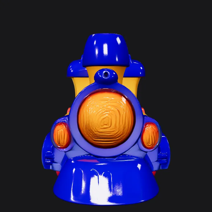 Colorful toy train with cartoon stickers. smooth edges, simple geometry, symmetric geometry.