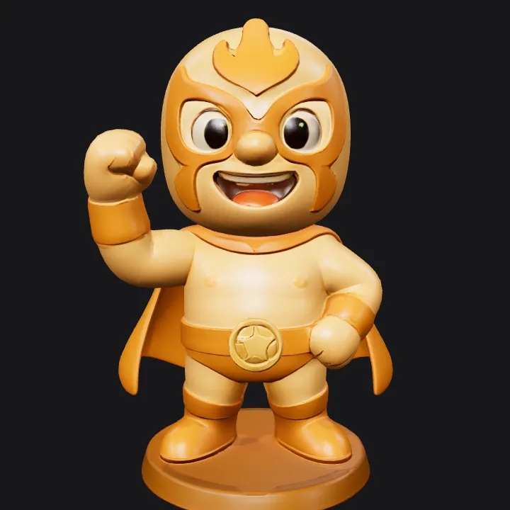 Cartoon superhero figurine with flame motif. smooth edges, simple geometry, character, symmetric geometry.