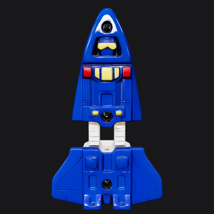 Blue toy rocket with face-like features. sharp edges, simple geometry, game-ready, symmetric geometry.