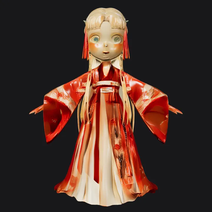 Girl in traditional red dress, back view. smooth edges, complex geometry, character, symmetric geometry.