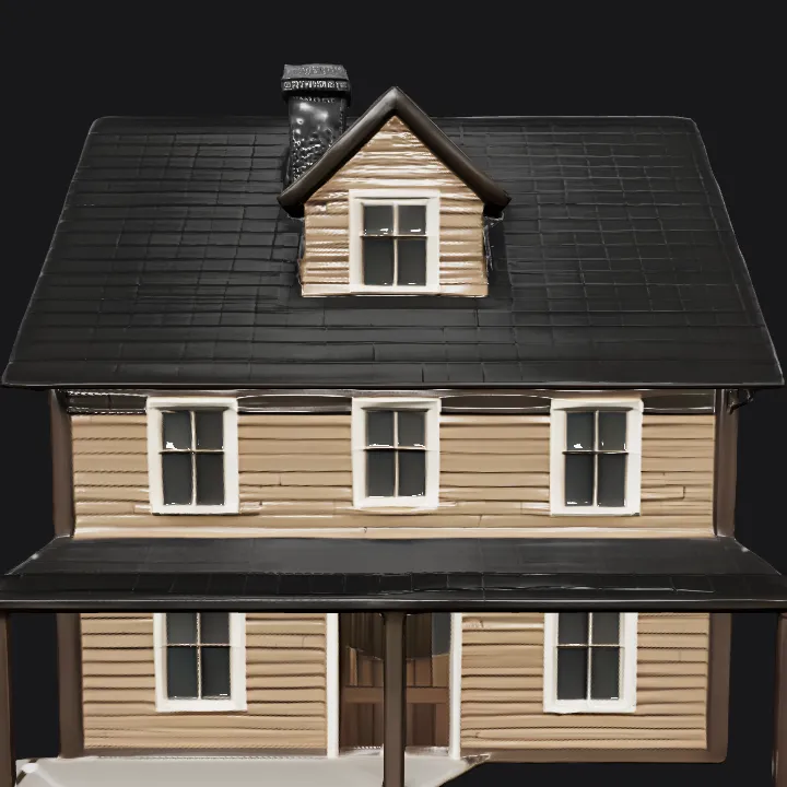 A two-story wooden house with porch. sharp edges, complex geometry, symmetric geometry.