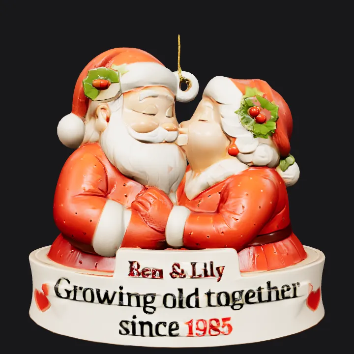Santa couple Christmas ornament hugging. smooth edges, complex geometry, character.