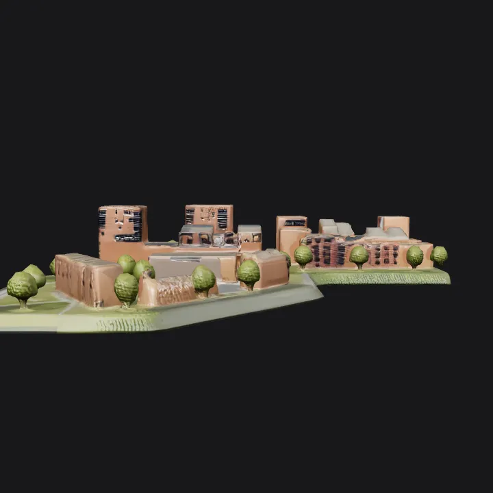 Residential building complex model with landscape. sharp edges, complex geometry.