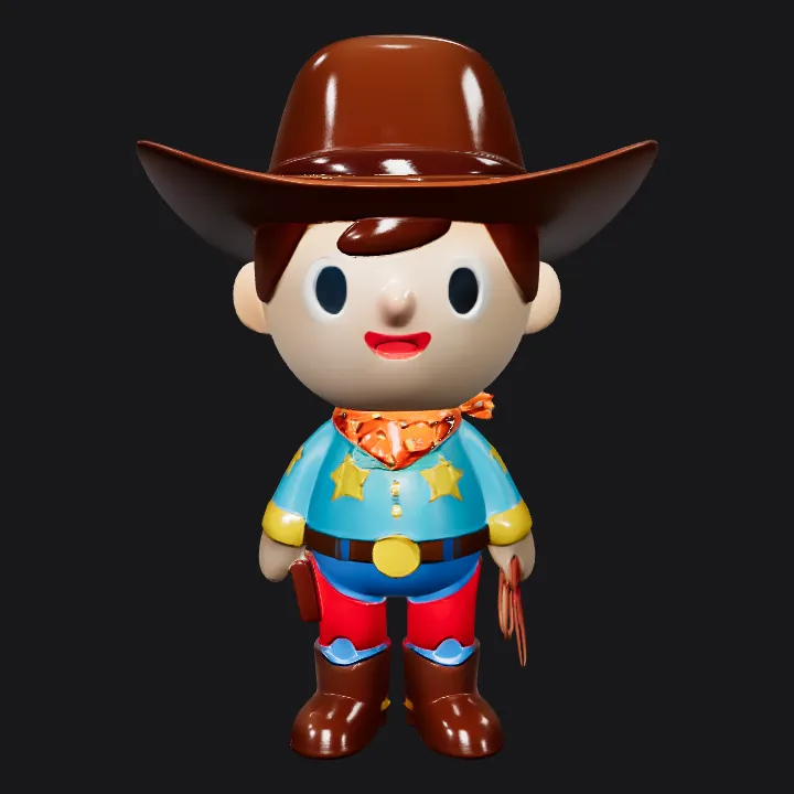 Cartoon cowboy character toy. smooth edges, simple geometry, game-ready, character, symmetric geometry.