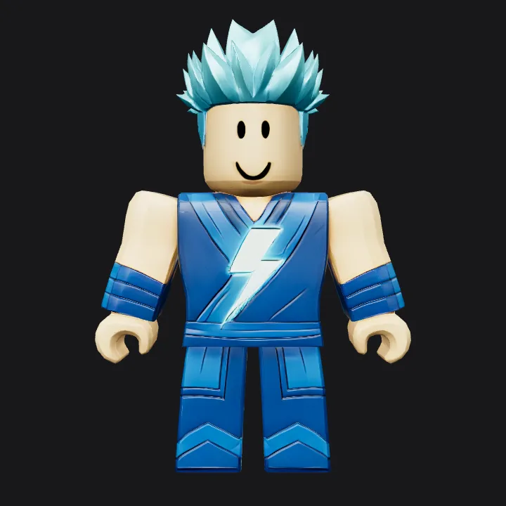 Blue-haired cartoon game avatar with lightning bolt. sharp edges, simple geometry, game-ready, character, symmetric geometry.