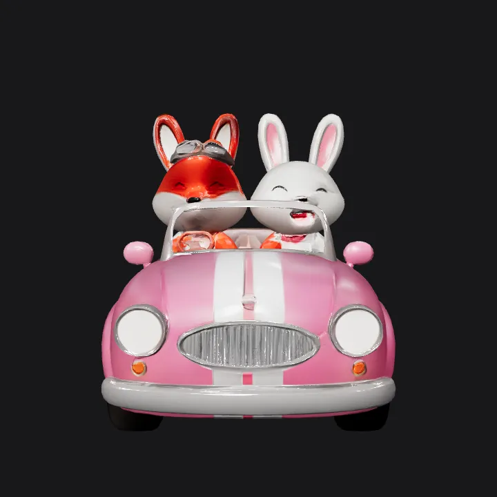 Fox and rabbit driving a pink car. smooth edges, complex geometry, game-ready, character.