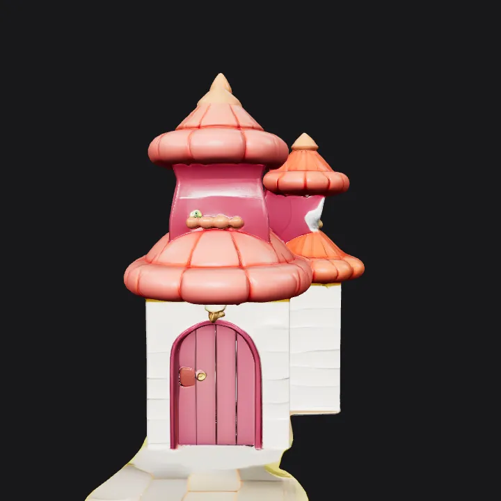 cartoon whimsical house with pink roofs. smooth edges, complex geometry.
