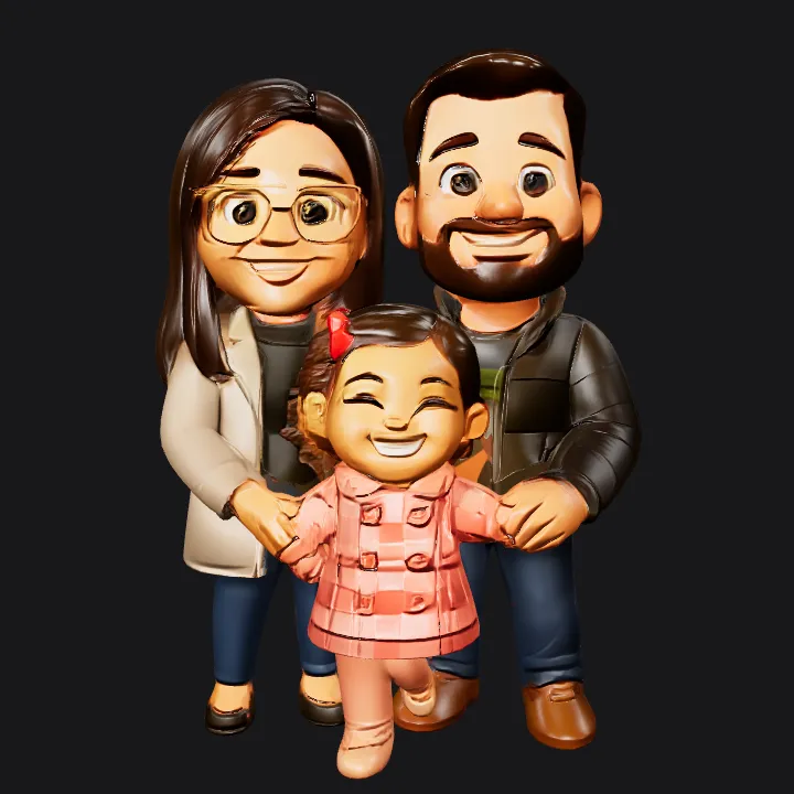 Family of two adults and a child. smooth edges, complex geometry, character.