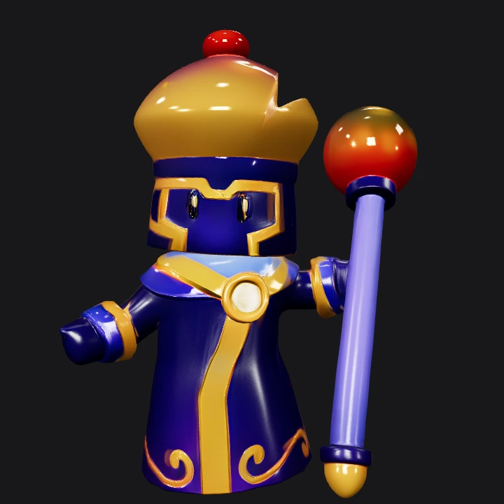 Cartoon king with robe and scepter. simple geometry, game-ready, character.