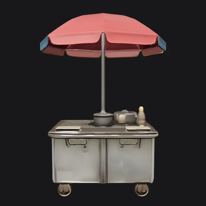 Hot dog cart with colorful umbrella. simple geometry, smooth edges, symmetric geometry.
