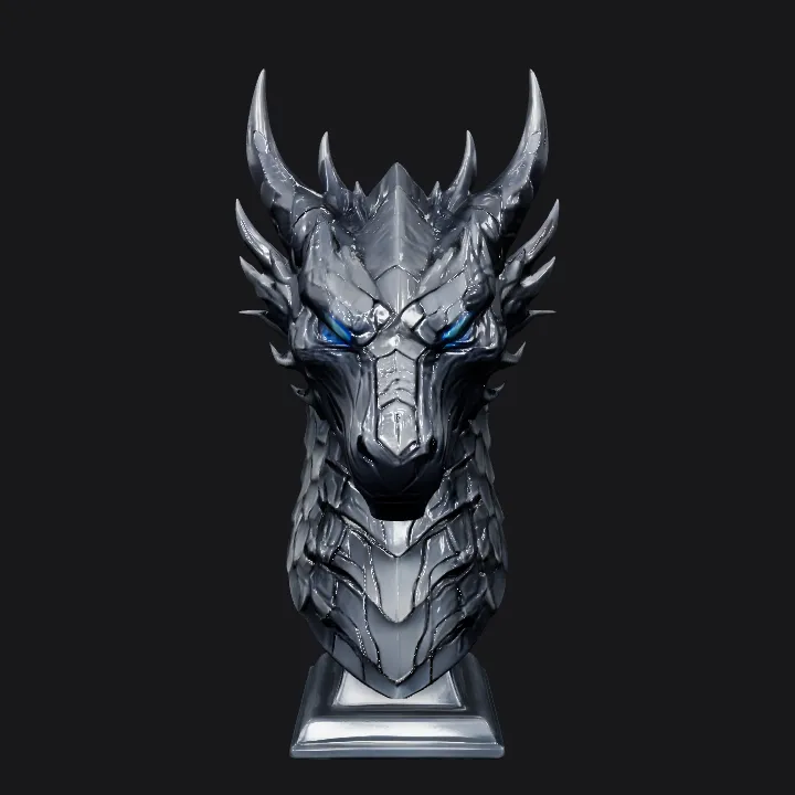 Dragon head sculpture bust. sharp edges, complex geometry, character.