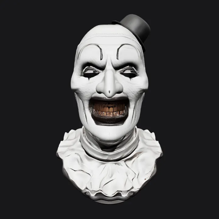 Clown bust sculpture wearing ruffled collar. smooth edges, complex geometry, character, symmetric geometry.