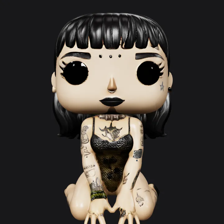 Goth Funko Pop-style woman kneeling. smooth edges, simple geometry, game-ready, character.