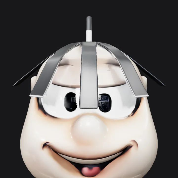 Cartoonish head with black hair strips. smooth edges, simple geometry, character, symmetric geometry.