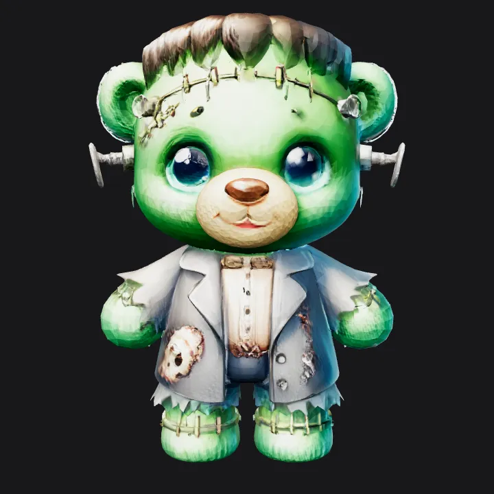 Frankenstein-themed teddy bear toy. smooth edges, complex geometry, game-ready, character, symmetric geometry.