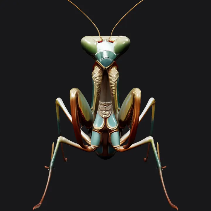 A detailed praying mantis insect. sharp edges, complex geometry, symmetric geometry.