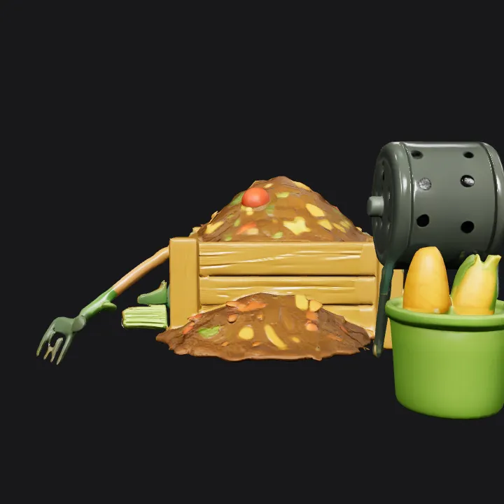 Compost pile with garden tools and bin. smooth edges, complex geometry, game-ready.