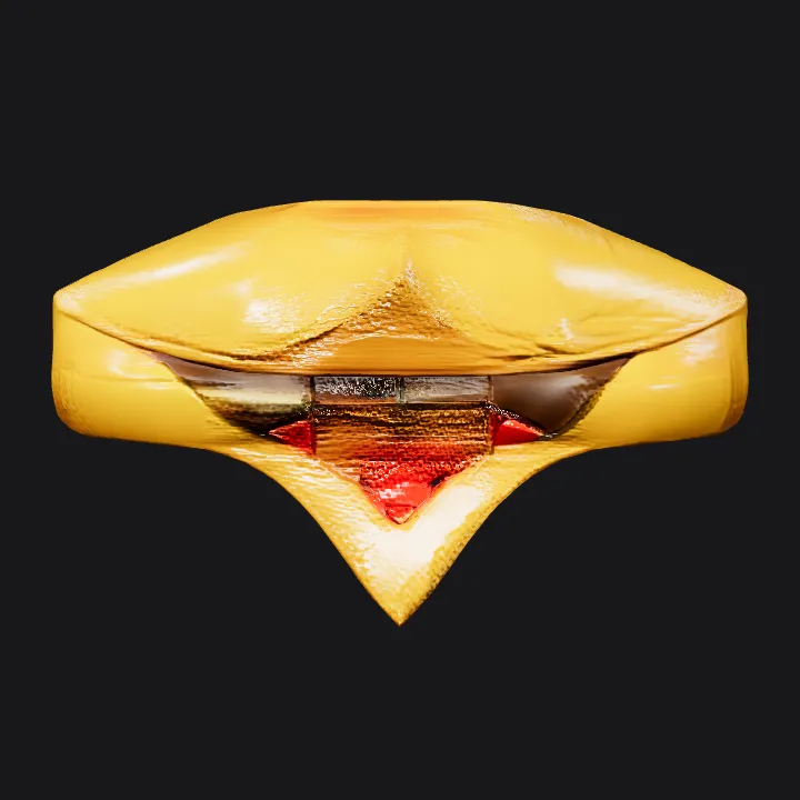 Golden mask with angular design. sharp edges, smooth edges, complex geometry, symmetric geometry.