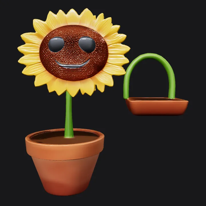 Smiling cartoon sunflower in a flower pot. smooth edges, simple geometry, game-ready, character, symmetric geometry.
