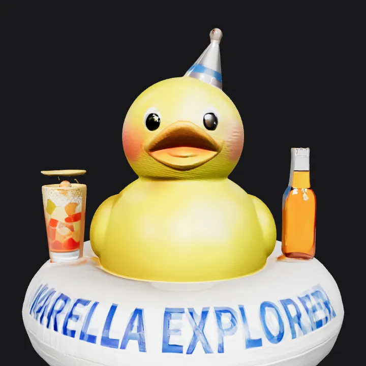 Yellow duck with party hat and drinks. smooth edges, simple geometry, character.