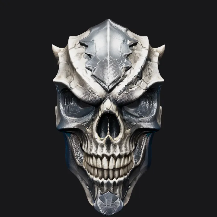 Ornate skull-shaped mask with demonic details. sharp edges, complex geometry, symmetric geometry.