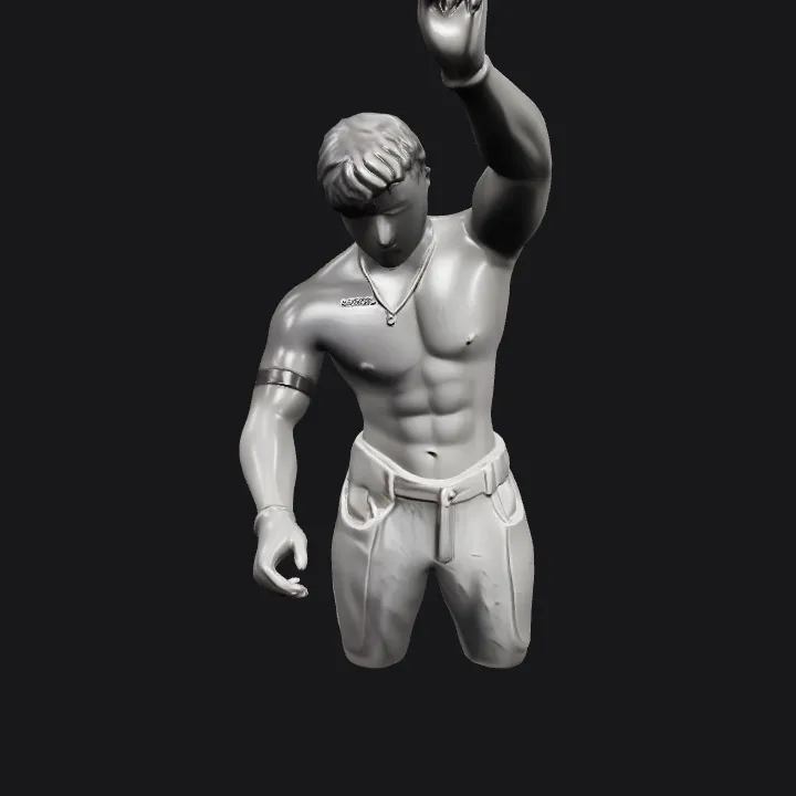 Shirtless male figure with raised arm. smooth edges, complex geometry, character.