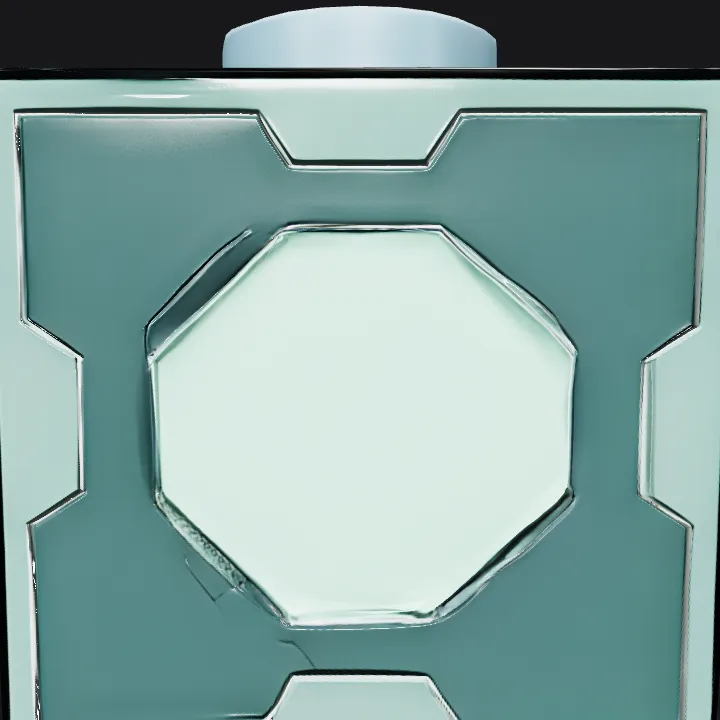 Futuristic blue and black cube with button. sharp edges, simple geometry, game-ready, symmetric geometry.