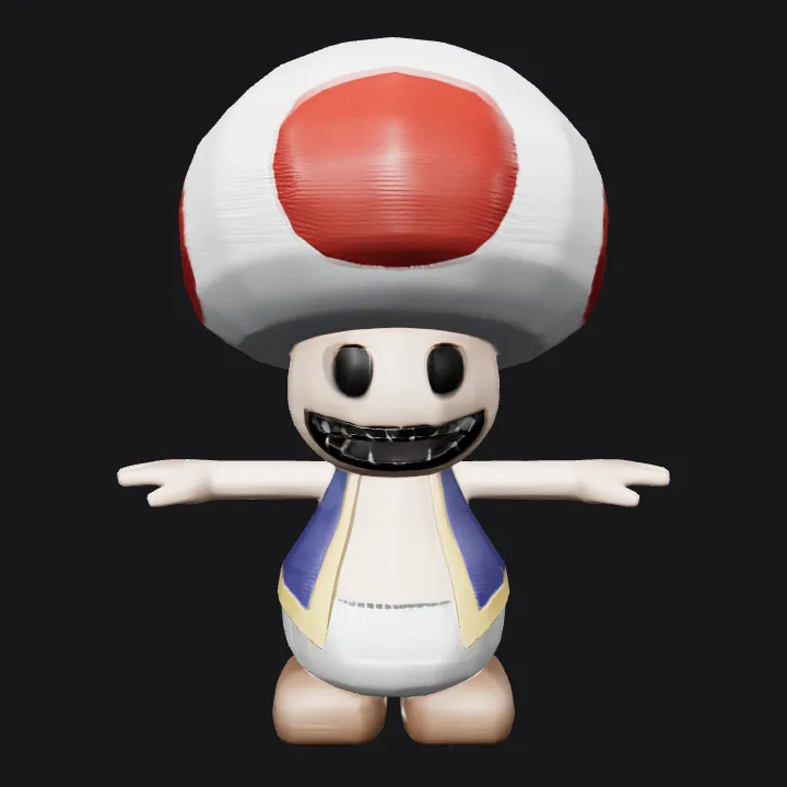 Cartoon mushroom-headed character with vest. smooth edges, simple geometry, game-ready, character.