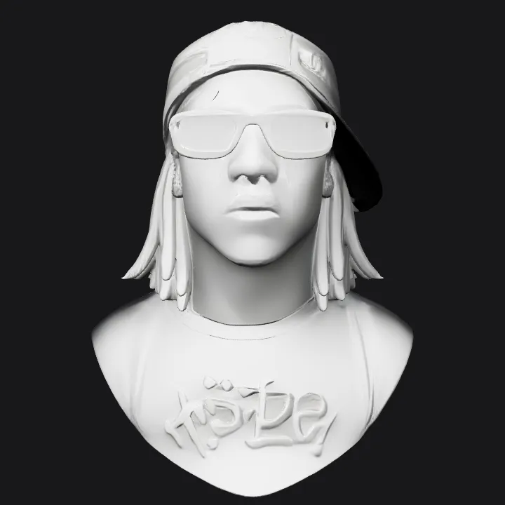 Bust of person wearing glasses and necklace. smooth edges, simple geometry, character, symmetric geometry.
