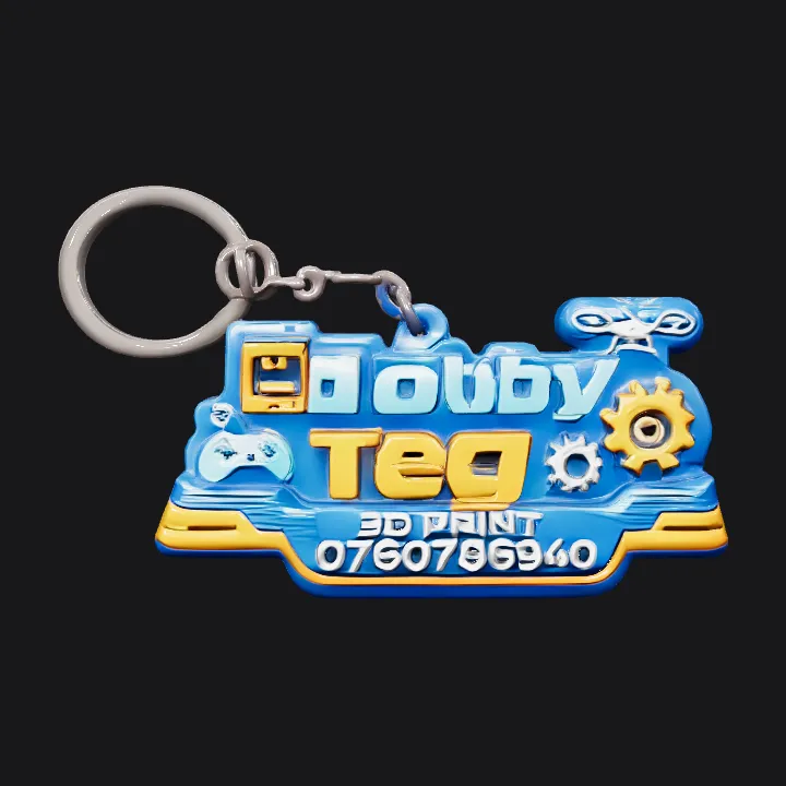 Plastic keychain with Hobby Teg 3D Print logo. sharp edges, simple geometry, game-ready, symmetric geometry.